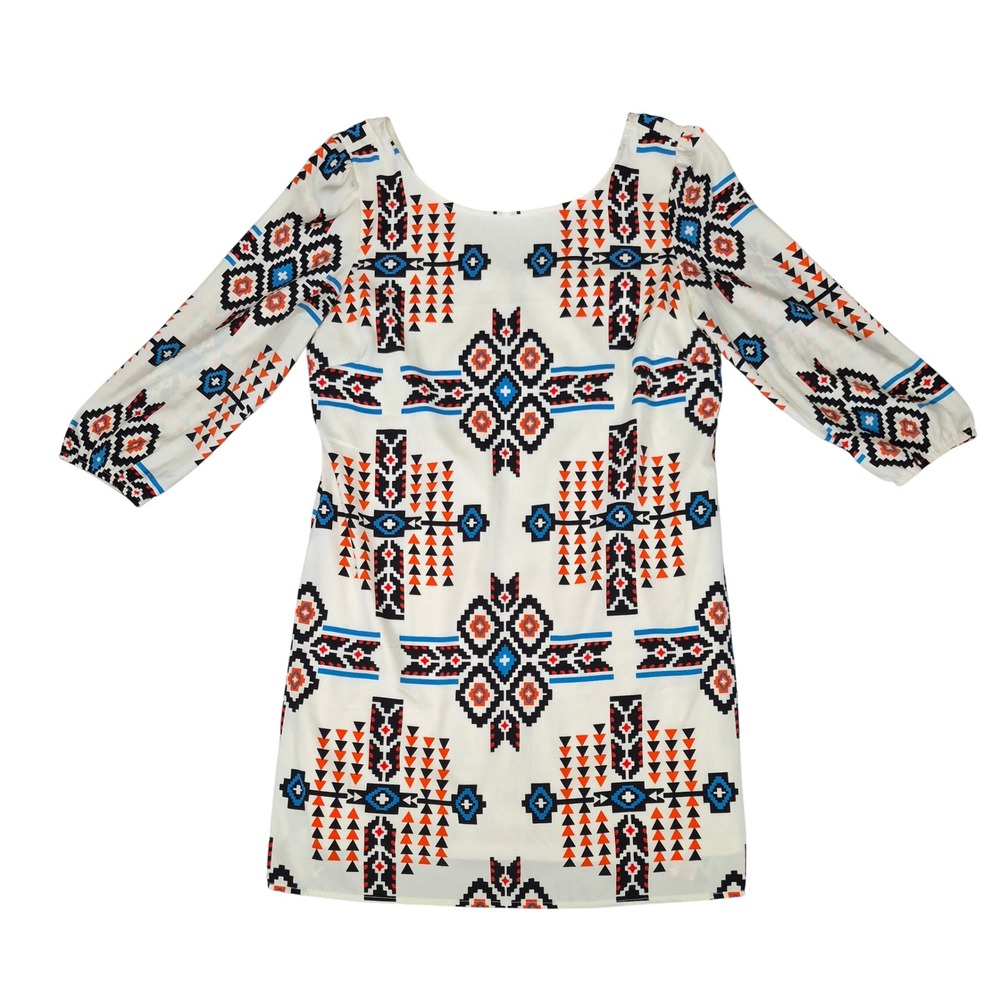Hello Miss Womens Large Tribal Geometric Print 3/4 Sleeve Shift Dress Ivory L